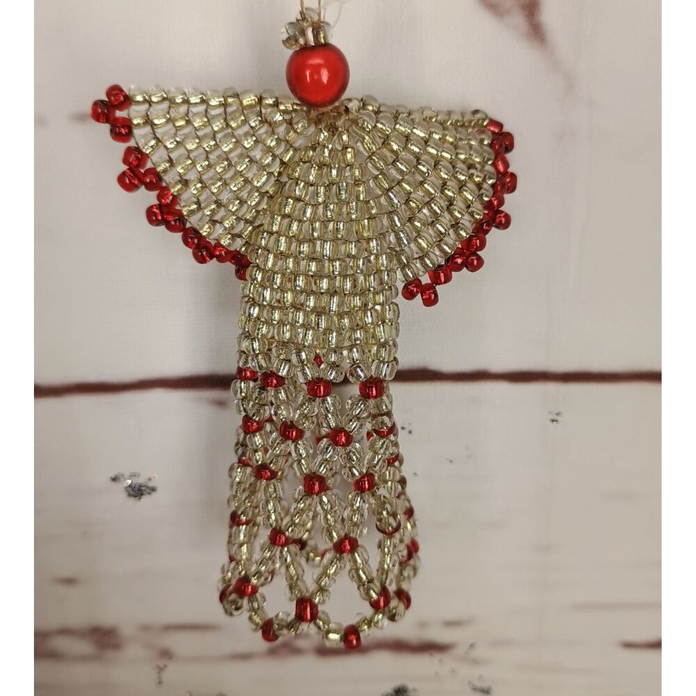 Handcrafted Beaded Angel Ornament With Gold & Red Glass Beads